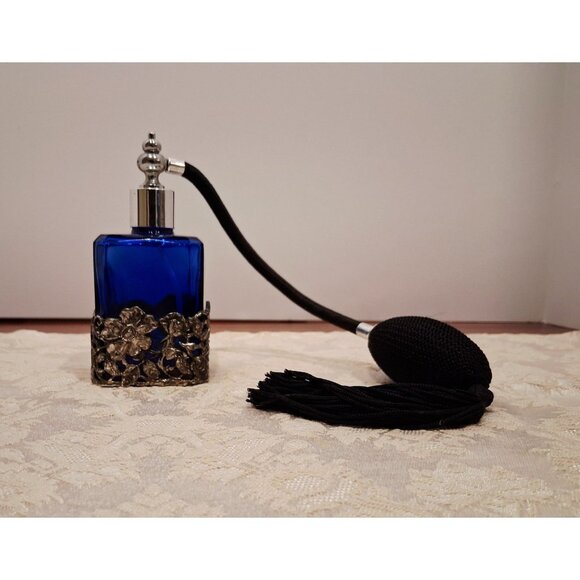Cobalt Blue Perfume Bottle Atomizer Floral Fillagree Vintage - Picture 1 of 6